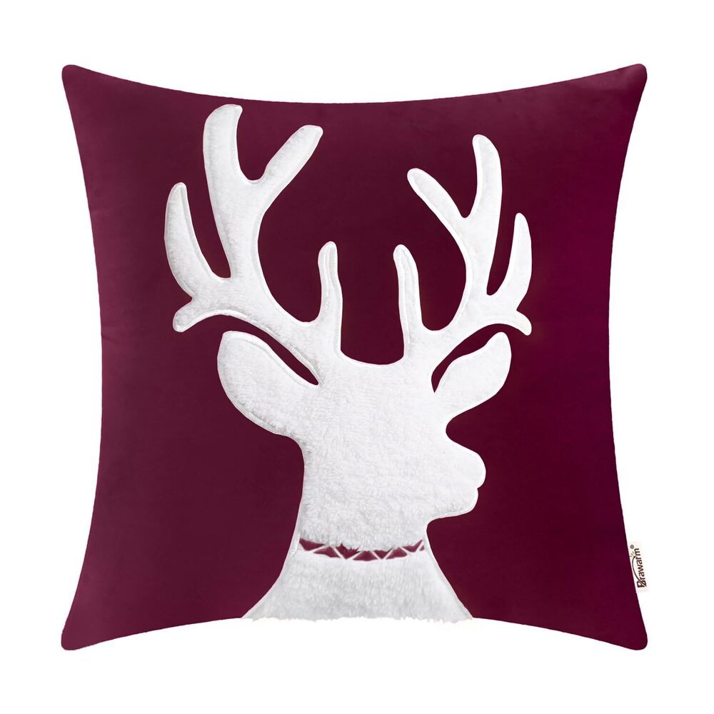 7583 Christmas Pillow Cover 20 X 20 Inches, Burgundy Reindeer Embroidered